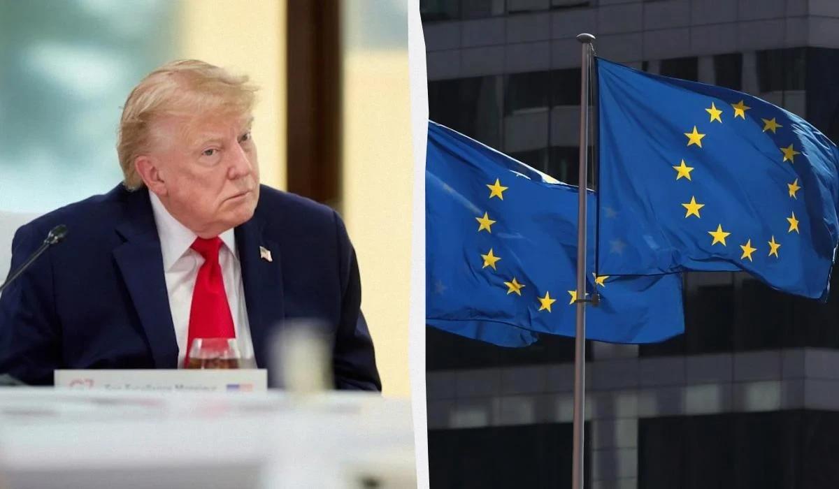 Прапор ЄС, логотип блоку та портрети Дональда Трампа і Володимира Путіна на тлі саміту в Брюсселі